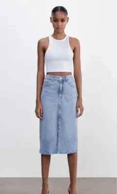 Zaraライトブルー ミディ丈デニムスカート