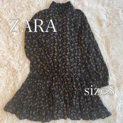 ZARA　ザラ　ミニワンピース　ティアード　フリルネック　花柄　チュニック