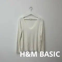 BASIC ベージュ 長袖薄手ニット Mサイズ ホワイト Vネック