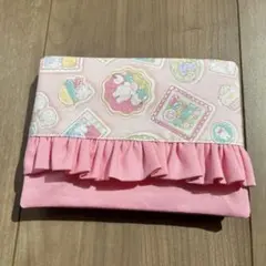 フリル移動ポケット☆モダンフラワー☆ピンクモカ☆ハンドメイド
