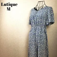 花柄ワンピース 小花柄 ブルー 半袖 ウエストゴム フレア レディースM