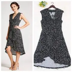 《新品》BCBGMAXAZRIA 総柄 ラップ風ロングワンピース フレア 黒 Mのサムネイル