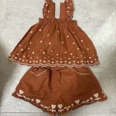ブラウン花柄刺繍タンクトップショートパンツセット