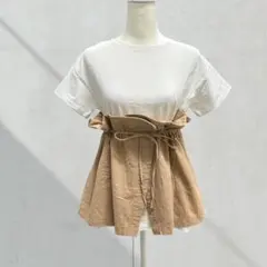 KBF 白×ベージュ ドッキング 半袖Tシャツ 綿 麻 ブレンド 夏