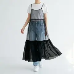 L相当 ティアード チュール キャミワンピース マキシ丈 ブラック