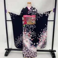 振袖フルセット◆黒◆花柄◆成人式◆裄64.5◆正絹◆草履バックセット◆S-96
