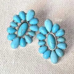 ✨ ターコイズ 大きめ フラワー 花 ピアス インディアン ヴィンテージ 青