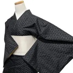 小紋　大島紬　檜垣　黒地　泥染　モノトーン　お洒落　着物　113b d ms