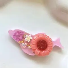レジン ヘアゴム 鳥の背に乗ったくまちゃん 花火 ピンク◡̈