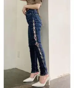サイドレースアップ スキニーデニム ダークブルー