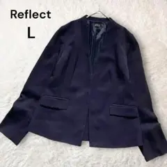美品 リフレクト 洗える ノーカラージャケット ストレッチ 濃紺 L 通勤 薄手