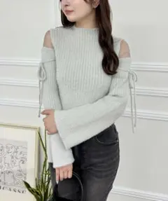 clear ラメショートフェザー肩シアーニットトップス[CL8448] グレー