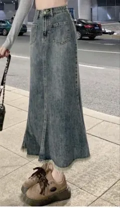 フレアデニムスカート ハイウエストライトブルー