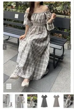 チェック柄バルーンスリーブワンピース ロングワンピース 春[dk1437]GRL