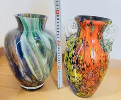 ガラス製持ち手付きカラフル花瓶2点セット