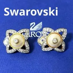 スワロフスキー　イヤリング　フラワー　パール　パヴェ　ゴールド　正規品　極美品