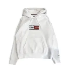 【トミージーンズ】TOMMY JEANS 白パーカー S ロゴ刺繍 裏起毛