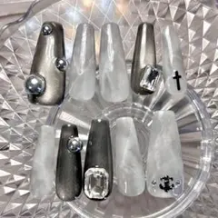 現品　ロングネイルチップ　シズニルック　大理石　天然石　韓国　クロムハーツ