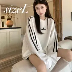 814 オーバーサイズ L スウェット ホワイト 白 グレー ライン 韓国