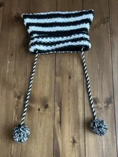 猫耳 ストライプニット帽 ポンポン付き