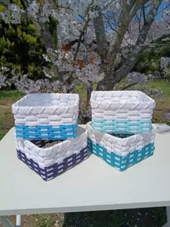 ★ハンドメイド　バスケット　かご　小物入れ 　エコクラフトバンド★