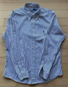 ラルフローレン 長袖BDシャツ 黒ストライプ　刺繍ロゴ 黒　L