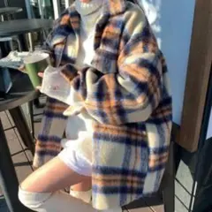 新品未使用　インポート　チェック起毛襟付きコート