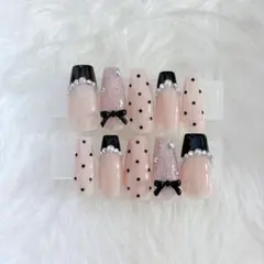 リボン×ドット×黒フレンチネイル✧*。韓国 ガーリー 量産型 スナ系 ワンホン