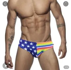 メンズ水着三角タイプレインボーストライプ 星柄切替デザイン