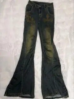 y2k フレアデニム クロス模様 ダークブルー