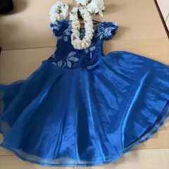 フラダンス用　青い花柄フリルドレスとレイ、カサブランカ飾りなど