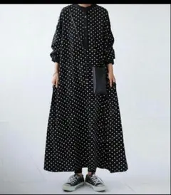 パターントルソ アンティカ ロングワンピース 切替ドット柄 ブラック