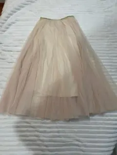 ベージュ チュール フレアロングスカート