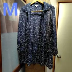 婦人服 レディース　シフォン　ネイビー水玉　 長袖ブラウス　 M　冷房対策