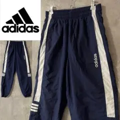 adidasアディダストラックナイロンパンツジャージ紺ネイビー白ホワイト刺繍ロゴ