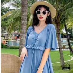 体型カバー水着　ライトブルー　新品　Aライン 細見え　ワンピース　２ＸＬ