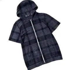 【美品】ブラックレーベルクレストブリッジ　半袖　ジップパーカー　チェック　紺　L