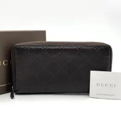 美品 GUCCI 長財布 ラウンドジップ GG シマレザー ダークブラウン