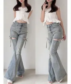 RESEXXY カットアウトリボンデニムパンツ ライトブルー M - メルカリ