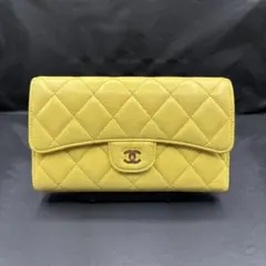 美品 CHANEL シャネル ラムスキン マトラッセ 長財布 イエロー 黄色