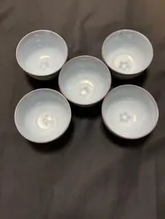 陶器 湯飲み 5個セット 淡い青色 花模様