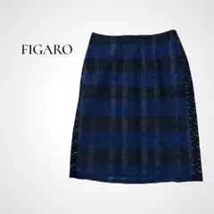 日本製★フィガロパリ チェック×花柄レース ひざ丈スカート 36 ネイビー 上品のサムネイル
