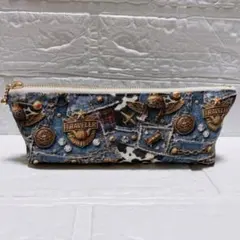 ペンケース　ポーチ　ハンドメイド　デニム風ワッペン柄　マチ付きポーチ