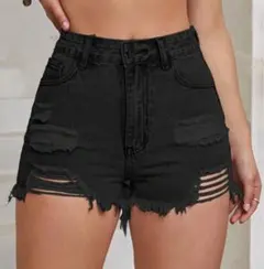 デニム ショートパンツ ブラック ダメージ加工