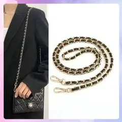 バッグチェーン スマホ 財布 紐 ショルダーストラップ　黒×ゴールド PUレザー