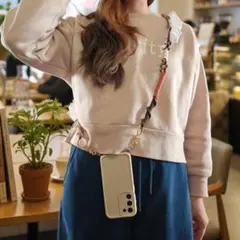 【530】ブラウン　ベージュ　オレンジ　フリル　スマホショルダーストラップ