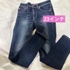 ロデオクラウンズ　23 スキニーデニム　ピンクボタン　ストレッチ　ヒゲ加工
