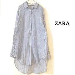 ZARA ロングシャツ　薄手　羽織り　ライトブルー　ホワイトストライプ　M
