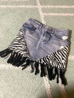 平成　ギャルy2k 00s dia系ゼブラ　フリンジ　デニムミニ　egg