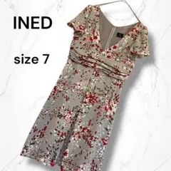 【INED】イネド　花柄半袖ミニワンピース グレー×レッド　日本製　キュプラ春夏のサムネイル